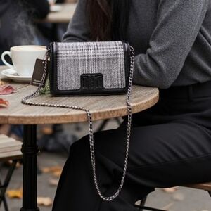 Badgley Mischka Grey Plaid Sequin  WOOL Cross Body Purse NWT